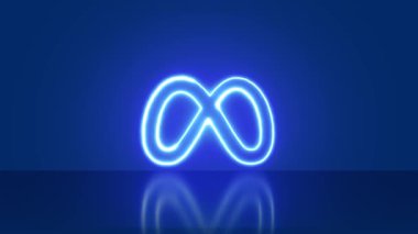 Madrid, İspanya - Eylül 2023. Mavi arka planda meta logo neonu. Facebook 'un yeniden markası, Instagram Whatsapp Messenger, bütünleşme. Neon ışığı. 4K video.