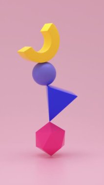 İmkansız dengede 3D geometrik hacimler birbiri üzerine yığılır. 4K video.