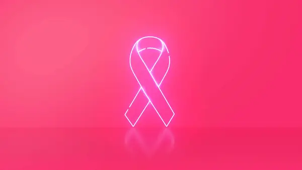 Pink ribbon breast cancer on pink background. Neon Light. 3D Illustration.