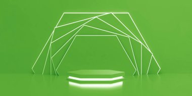 Altıgen ışık ve yeşil çevre sürdürülebilir arka planda dönen neon ışıklı altıgen kürsü. Boş podyum platformu. 3B Hazırlama.