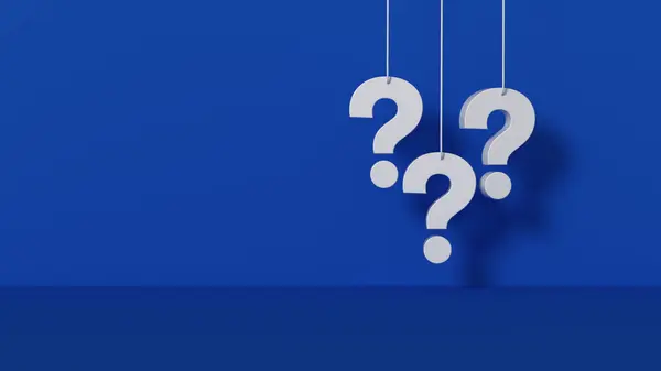 Panoramic blue background with question mark hanging. Loop 4K Video animation.