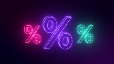 Üç Neon yüzde işareti. Neon yüzde işareti. İnternetten alışveriş, satış, indirimli fiyat teklifi. Hareket grafikleri video 4K.