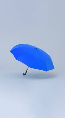 Mavi arka planda açık mavi şemsiye. Şirket güvenliği kavramı. 3B görüntüleme.