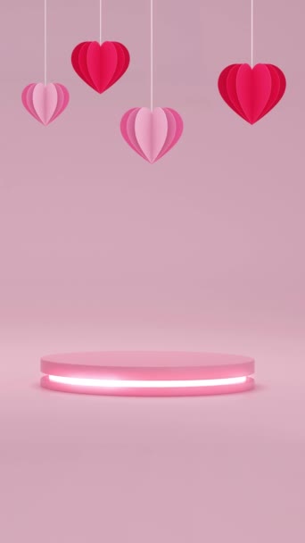 粉红背景上的霓虹灯台与3D纸杯心脏气球 垂直运动视频 — 图库视频影像
