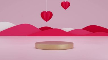 Neon podyumla yüzen kağıt kalpli balon. Sevgililer Günün kutlu olsun. Pembe arka plan. 4K hareket videosu.