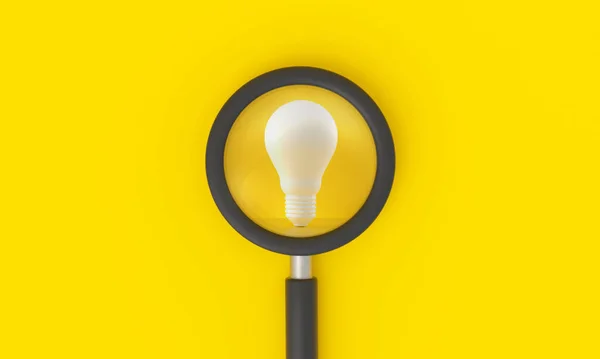 Magnifying glass looking to light bulb on yellow background. Innovation concept. 3D rendering.