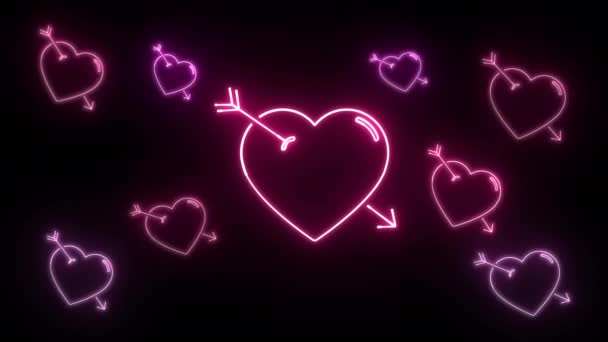 心的形状与轻霓虹灯黑色背景 4K动画视频 — 图库视频影像