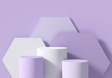 Mor arka planda ürün podyumları. Boş podyum platformları. 3 boyutlu görüntüleme. Promosyon ve ürünler için yer