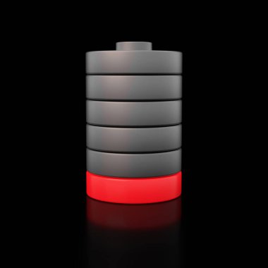 Siyah arka planda düşük pil göstergesi. 3 Boyutlu Hazırlama.