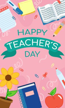 Mutlu öğretmenler günü metinleri kitaplar, ayçiçekleri, elma ikonları. Vektör illüstratörü.