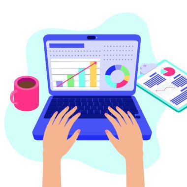 Ekranda istatistiksel analiz bulunan bir dizüstü bilgisayarda yazı yazan renkli bir el grafiği, bir fincan kahve ve raporlarla birlikte. Vektör illüstratörü.