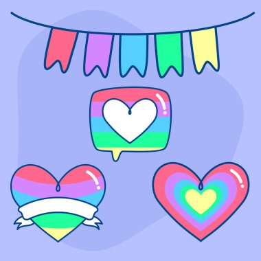 Çeşitli gururlu kalp dekorasyonları, konuşma balonunda bir kalp ve bayrak taşıyan bir kalp, bayram bayrağı asılı, hepsi yatıştırıcı mor bir arka plana karşı kurulmuş..