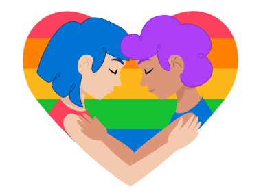 Gökkuşağı çizgili bir kalbin içinde kucaklaşan bir LGBTQ + çifti içeren yürek ısıtan bir çıkartma ikonu. LGBTQ + temaları ve kutlamalar için mükemmel.