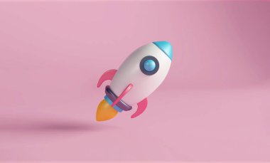 Pembe zemin üzerinde çizgi film tarzı bir roketin 3 boyutlu çizimi, yeni bir başlangıç veya yeni iş konsepti