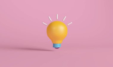 Pembe Arkaplanda parlak sarı bir ampulün 3 boyutlu çizimi, fikirleri ve ilhamı sembolize ediyor.,