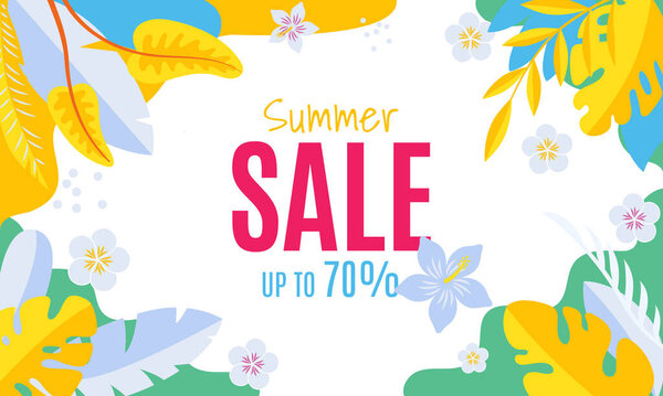 Illustration summer sale banner featuring vibrant tropical leaves and flowers with text offering up to 70% off. Ideal for promoting seasonal discounts.