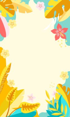 Sarı, yeşil ve pembe renkli tropikal yapraklar ve çiçeklerden oluşan vektör arkaplan. Yaz tasarımları, davetiyeler ve dijital içerik için mükemmel.