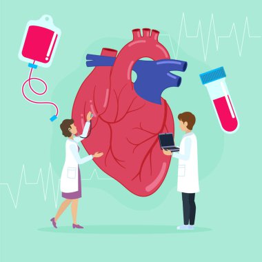Kalp doktorlarının steteskop, laptop, kan torbası ve test tüpü de dahil olmak üzere tıbbi aletlerle kalbi incelediği bir resim. Eğitim ve tıbbi içerik için ideal.