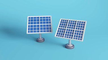 Açık mavi zemin üzerinde iki güneş panelinin üç boyutlu çizimi. Yenilenebilir enerji ve sürdürülebilir teknoloji kavramları için ideal.
