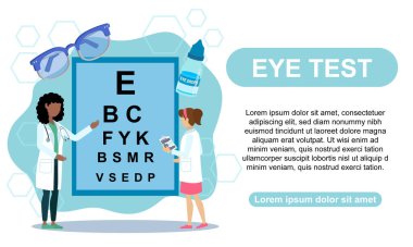 Göz testi yaparken bir doktor, göz çizelgesi, gözlük ve göz damlası görülüyor. Görüş ve sağlık konuları için ideal.