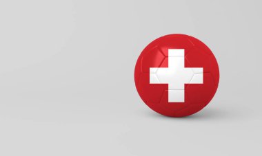 Beyaz arka planlı İsviçre bayrağının yer aldığı bir futbol topunun üç boyutlu çizimi. Spor, ulusal gurur ve futbolla ilgili projeler için ideal.