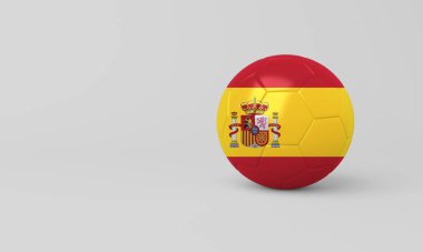 Beyaz arka planlı İspanyol bayrağının yer aldığı bir futbol topunun üç boyutlu çizimi. Spor, ulusal gurur ve futbolla ilgili projeler için ideal.