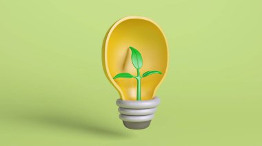 İçinde yeşil bir bitki büyüyen sarı bir ampulün açık yeşil bir zemin üzerine kurulmuş üç boyutlu çizimi. Çevre dostu enerji ve sürdürülebilirlik kavramları için ideal