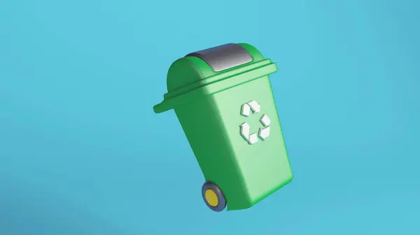 stock image 3D illustration of a green recycling bin with a recycling symbol on a light blue background, promoting environmental sustainability