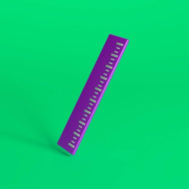 Açık ölçü işaretleri ve yeşil arkaplan içeren mor bir cetvelin 3 boyutlu çizimi. Okul, geometri ve eğitim için ideal.