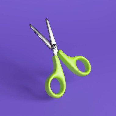 Mor arka planda yüzen yeşil saplı makasın üç boyutlu çizimi. Okul, ofis ve zanaat temaları için ideal.