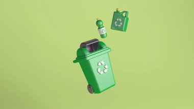 Açık yeşil arka planda bir geri dönüşüm kutusu ve iki geri dönüşümlü plastik şişenin üç boyutlu çizimi, çevresel sürdürülebilirliği teşvik ediyor.