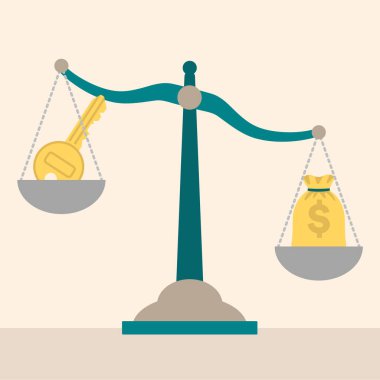 Ev anahtarlarıyla para çantasını dengeleyen bir terazinin vektör çizimi, mülkiyet ve mali yatırım arasındaki dengeyi sembolize ediyor. Gayrimenkul ve finans konuları için ideal.