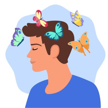 Kafasının üstünde renkli kelebeklerle çevrili, zihinsel özgürlüğü, neşeyi ve pozitif bir ruh halini temsil eden huzurlu bir yüz ifadesi olan bir adam tasviri..