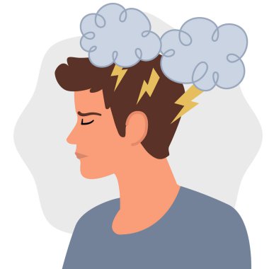Kafasının üstünde fırtına bulutları ve şimşekler olan sıkıntılı bir yüz ifadesi olan bir adamın tasviri, kaygı, stres ve zihinsel karışıklığı simgeliyor. Ruh sağlığı, stres ve duygusal zorluklarla ilgili içerik için ideal.