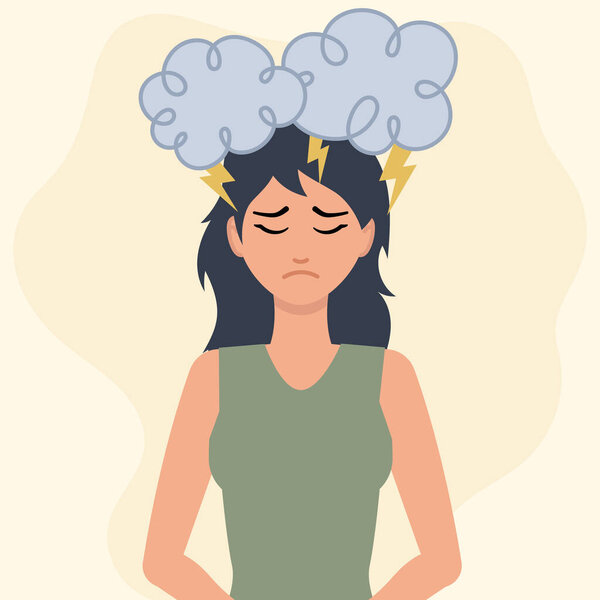 Иллюстрация женщины с грустным выражением лица, окруженной грозовыми облаками и молниями, символизирующая стресс, тревогу и душевное потрясение. Идеально подходит для контента, сосредоточенного на проблемах психического здоровья, управления стрессом и эмоционального благополучия.