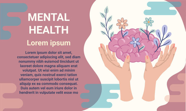 Плоский дизайн иллюстрации фокусируется на психическом здоровье, показывая руку, нежно ухаживая за цветами, растущими из мозга, с текстовой областью на стороне. Идеально подходит для продвижения психического благополучия, терапии и концепции самообслуживания.