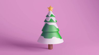 Karla kaplı dalları ve üzerinde parlak pembe bir zemin üzerine kurulmuş altın yıldızlı stilize bir Noel ağacı. Festival ve tatil temalı tasarımlar için ideal.