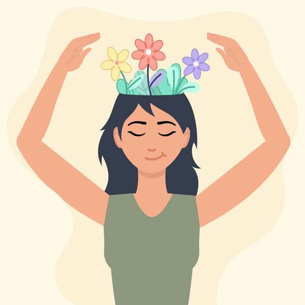 Иллюстрация женщины с спокойным выражением лица, поднятыми руками и цветущими с головы цветами, символизирующими личностный рост и психическое благополучие. Идеально подходит для контента, ориентированного на внимательность, уход за собой и позитивное психическое здоровье.