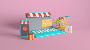 Mağaza önü tenteli bir dizüstü bilgisayar, indirim simgesi olan bir akıllı telefon, bir alışveriş arabası ve pembe arka planda hediye kutuları içeren üç boyutlu bir illüstrasyon. Çevrimiçi alışveriş, e-ticaret ve dijital pazarlama temaları için mükemmel.