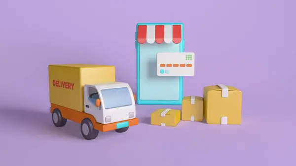 stock image 3D illustration of an online shopping concept featuring a delivery truck, packages, a storefront, and a credit card, set against a light purple background. Perfect for e-commerce and delivery service themes.