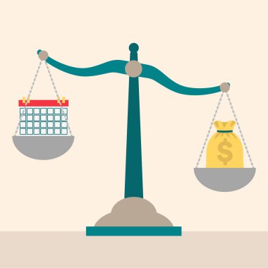 Zaman yönetimi ve finansal yatırım arasındaki ilişkiyi sembolize eden, bir takvim ve para çantasını dengeleyen bir ölçekte vektör illüstrasyon. Mali planlama ve yatırım stratejisi temaları için ideal.