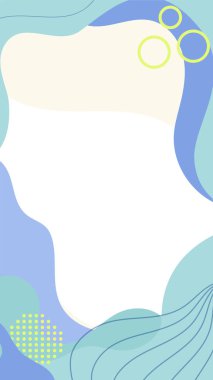 Açık krem zemin üzerinde akan mavi ve yeşil şekilli dairesel elementler ve noktalı desenlerle vurgulanmış minimalist soyut bir arka plan. Metin kaplamaları için mükemmel.