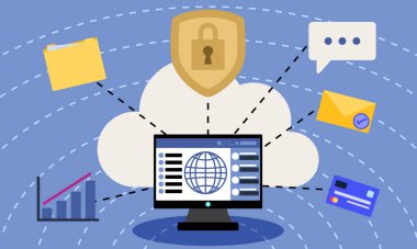 Bir kalkan, bilgisayar monitörü ve güvenlik, veri, iletişim ve finansmanı temsil eden çeşitli bağlı simgelerle bulut hesaplaması.