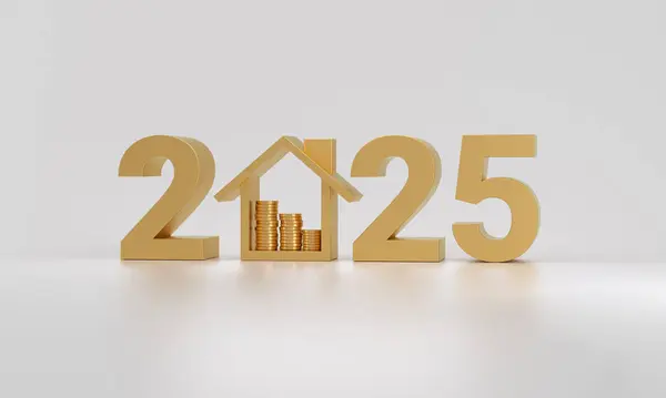 stock image Elegant 2025 design with a house-shaped icon filled with stacked gold coins, symbolizing real estate investment and financial growth, set against a white background.