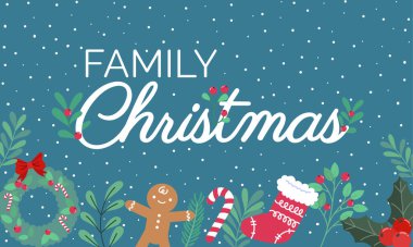 Kar, çelenk, zencefilli ekmek adam, şeker kamışı, çorap ve deniz mavisi arka planda şenlikli yeşillik içeren neşeli bir Noel resmi..