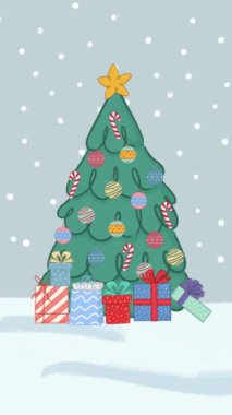 Karlı Canlandırmada Süsler ve Hediyelerle Noel Ağacı