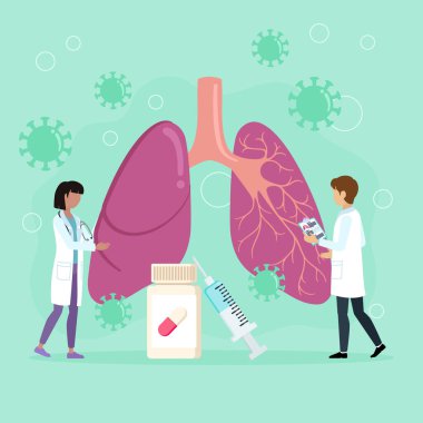 Akciğer sağlığını inceleyen doktorların genel solunum virüslerinin, ilaçların ve aşı geliştirmenin etkilerine odaklandığı bir resim. Sağlık hizmetleri çözümleri ve tıp uzmanlarını vurguluyor.
