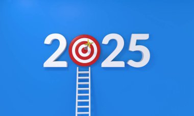 2025 için yaratıcı bir kavram. Hedefleri ve başarıları sembolize eden bir dart dartıyla hedefi 