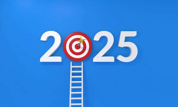 2025 için yaratıcı bir kavram. Hedefleri ve başarıları sembolize eden bir dart dartıyla hedefi 