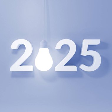 Creative representation of the year 2025, with a glowing lightbulb replacing the zero, set against a soft blue background, symbolizing innovation and bright ideas. clipart